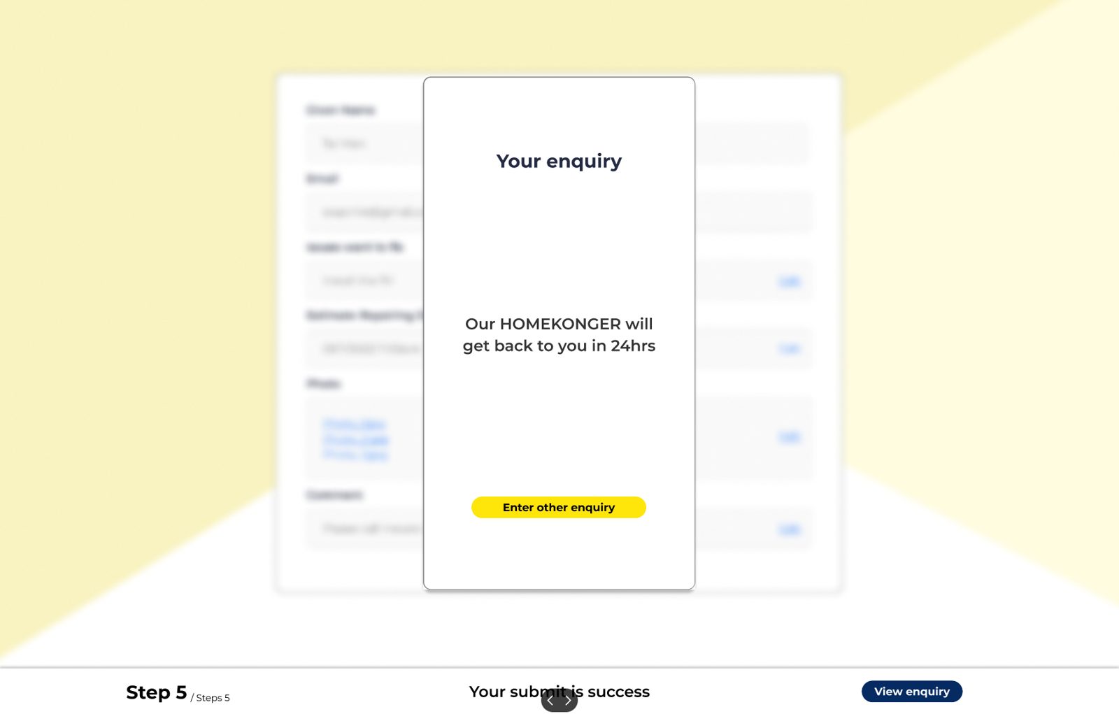 HOMEKONG enquiry form and confirmation